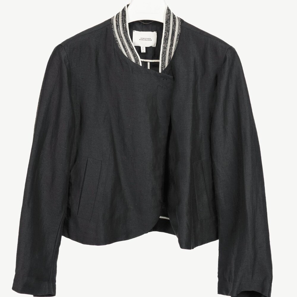 Dorothee Schumacher Black Linen Shantung Metallic-Collar Jacket